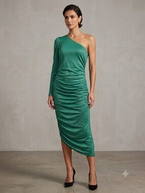 NWT All Worthy by Hunter McGrady One-Shoulder Green metallic Ruched Dress Small